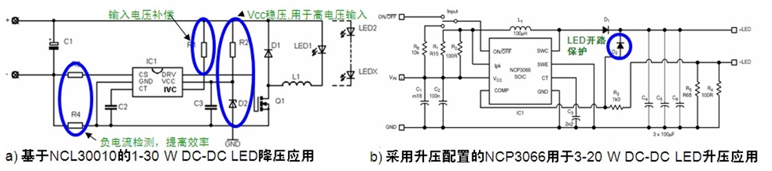 图6:基于NCL30010的1-30 W LED降压应用和基于NCP3066的3-20 W LED升压应用