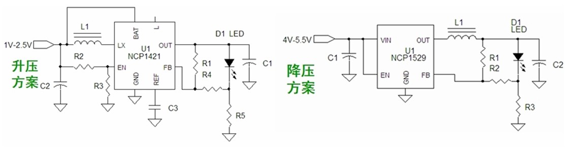 图7:基于NCP1421的升压型和基于NCP1529的降压型1-3 W手电筒LED应用