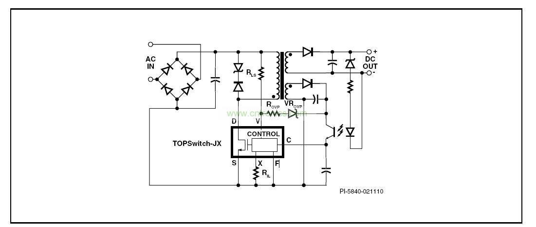 图 1. 具有初级检测的输出过压保护、输入欠压锁存、输入过压关断及可设定流限值功能的典型TOPSwitch-JX反激式电源
