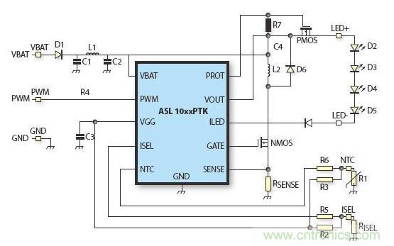 典型应用示意图(采用面向汽车前部照明的ASL1010PTK)