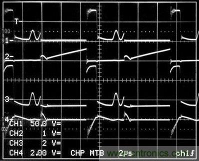 图1电路所示的开关波形。（通道1是T1（即引脚12）的初级开关电压；2号通道是进入Q1漏极的初级开关电路（10A/格）；通道3是T1（即引脚2）的次级开关电压（200V/格）；4号通道是R3两端的电压）