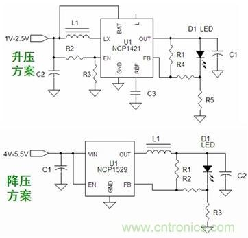 基于NCP1421的升压型和基于NCP1529的降压型1~3W手电筒LED应用