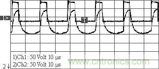 变压器原、副边波形（&ldquo;2&rdquo;为原边，&ldquo;1&rdquo;为副边）
