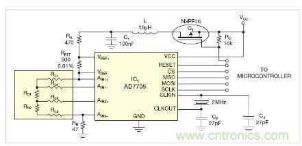 图1：测量电路测三个点的值，微控制器就可以计算出传感器值。