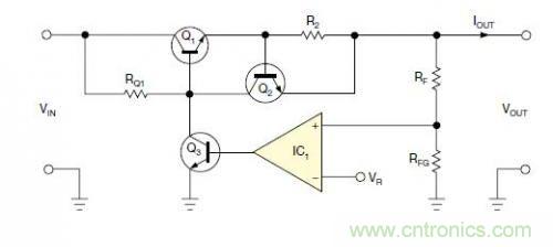 图1：一个标准的线性稳压器直接将反馈连接到串联导通晶体管上。