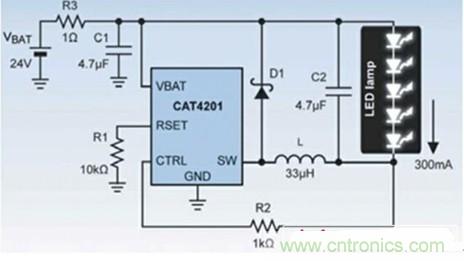 图2：使用CAT4201驱动5个1W的LED