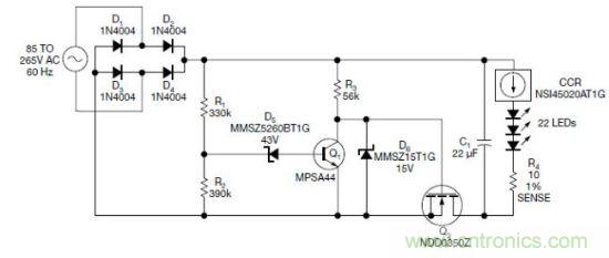 图1：电路以恒流驱动一串LED，可用于全世界的各种交流电压