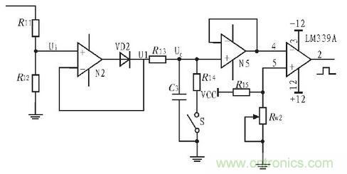 过流?；さ缏? /><br />
图6：过流保护电路</div>
<br />
<strong>电路的仿真分析</strong><br />
<br />
令k=Cp/Cs,图5（a）为k=0.25谐振电流和谐振电压波形。选择直流母线电压Vin=300V,开关频率fs=25kHz,脉宽tw=10&mu;s,Lr=50&mu;H,Cs=0.2&mu;F,谐振频率kHz,即满足fs<1/2fr,LCC串并联谐振变换器工作在DCM模式下，高频升压变压器变比为1:4.高压脉冲形成电路中，脉冲升压变压器变比为1:12,双极性脉冲仿真波形如图5（b）所示。<br />
<br />
<div style=