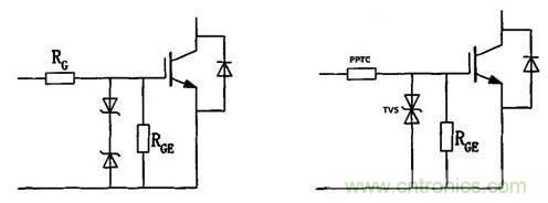 传统?；つＪ胶托滦捅；つＪ降缏范员? /><br />
图3：传统?；つＪ胶托滦捅；つＪ降缏范员?/div>
<br />
新型?；つＪ剑航车奈妊构芨奈滦偷乃蔡种贫?TVS)。一般栅极驱动电压约为15V，可以选型SMBJ15CA。该产品可以通过IEC61000-4-5浪涌测试10/700US 6kV。<br />
<br />
TVS反应速度极快(达PS级)，通流能力远超稳压二极管(可达上千安培)，同时，TVS对静电具有非常好的抑制效果。该产品可以通过IEC61000-4-2接触放电8kV和空气放电15kV的放电测试。<br />
<br />
将传统电阻RG变更为正温度系数(PPTC)保险丝。它既具有电阻的效果，又对温度比较敏感。当内部电流增加时，其阻抗也在增加，从而对过流具有非常好的抑制效果。<br />
<!--[if gte mso 9]><xml>
<w:WordDocument>
<w:View>Normal</w:View>
<w:Zoom>0</w:Zoom>
<w:PunctuationKerning />
<w:DrawingGridVerticalSpacing>7.8 磅</w:DrawingGridVerticalSpacing>
<w:DisplayHorizontalDrawingGridEvery>0</w:DisplayHorizontalDrawingGridEvery>
<w:DisplayVerticalDrawingGridEvery>2</w:DisplayVerticalDrawingGridEvery>
<w:ValidateAgainstSchemas />
<w:SaveIfXMLInvalid>false</w:SaveIfXMLInvalid>
<w:IgnoreMixedContent>false</w:IgnoreMixedContent>
<w:AlwaysShowPlaceholderText>false</w:AlwaysShowPlaceholderText>
<w:Compatibility>
<w:SpaceForUL />
<w:BalanceSingleByteDoubleByteWidth />
<w:DoNotLeaveBackslashAlone />
<w:ULTrailSpace />
<w:DoNotExpandShiftReturn />
<w:AdjustLineHeightInTable />
<w:BreakWrappedTables />
<w:SnapToGridInCell />
<w:WrapTextWithPunct />
<w:UseAsianBreakRules />
<w:DontGrowAutofit />
<w:UseFELayout />
</w:Compatibility>
<w:BrowserLevel>MicrosoftInternetExplorer4</w:BrowserLevel>
</w:WordDocument>
</xml><![endif]-->
<p style=
