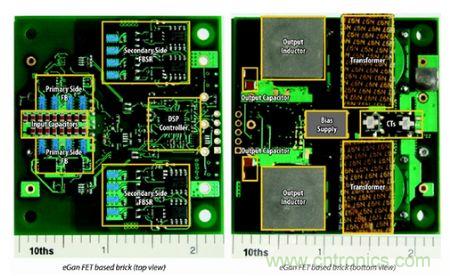 图6：采用eGaN FET设计的48V至53V半砖PSE转换器的顶视图和底视图(单位为英寸)。