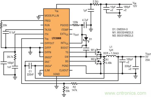 图9：高效率电源，12V输入至5V/25A输出