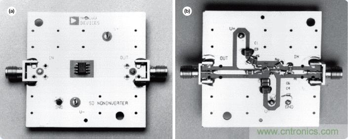 图14. AD8001AR评估板&mdash;俯视图(a)和仰视图(b)。