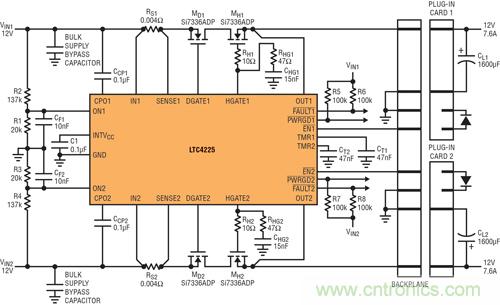  图 4：在 &micro;TCA 应用中，LTC4225 为两个&micro;TCA 插槽提供 12V 电源