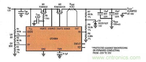 图8：LTC4364 提供了针对过压、短路或反向电压的内置输出端口?；すδ? width=