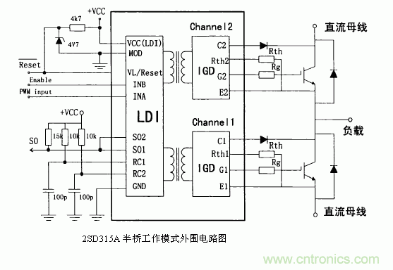 解读各种IGBT驱动电路和IGBT?；し椒? /></div>
<br />
驱动?？榈哪Ｊ窖≡穸薓OD外接+15V电源，输入引脚RC1和RC2接地，为直接工作模式。逻辑控制电平采用+15V，信号输入管脚InA、InB连 接在一起接收来自单片机的脉冲信号，进行同步控制。2SD315A的SO1和SO2两只管脚外接三极管和光耦用来向单片机输出两输出通道的 工作状态，其输出端结构皆为集电极开路输出，可以通过外接上拉电阻以适用于各种电平逻辑。在管脚SO1、SO2和电源之间，以及VisoX 和LSX之间加发光二极管进行故障指示。正常情况下SO1和SO2输出皆为高电平，上电后D3和D4先亮，延时几秒后熄灭，同时D8和D15发亮。 <br />
<br />
当检测到故障信号时，SO1和SO2的输出电平被拉低到地，即D3和D4发亮，同时D8和D15闪烁。2SD315A是通过监测UCE(sat)来判断回路是否 短路和过流，当检测到一路或两路发生过流现象时，检测电路会把异常状态回馈到驱动模块，驱动模块内部会产生一个故障信号并将它 锁存，锁存时间为1s，在这段时间内，驱动?？椴辉偈涑鲂藕?，而是将两组IGBT及时关断予以?；?。同时，状态输出管脚SO1和SO2的高电平 被拉低，光耦TLP521导通，两路状态信号通过或门74LS32送给单片机。为防止因关断速度太快在IGBT的集电极上产生很高的反电动势，在 门极输出端采用如图3。11所示的电路结构实现开通和关断速度的不同?？ㄊ泵偶缱栉?。4&Omega;，关断时电阻为6。8&Omega;，二极管采用快恢 复型，这样就使关断速度下降到安全水平。这是一张缩略图，点击可放大。按住CTRL，滚动鼠标滚轮可自由缩放<br />
<br />
<strong>IGBT短路失效机理</strong><br />
<br />
IGBT负载短路下的几种后果<br />
<br />
(1) 超过热极限:半导体的本征温度极限为250℃，当结温超过本征温度，器件将丧失阻断能力，IGBT负载短路时，由于短路电流时结温升 高，一旦超过其热极限时，门级?；ひ蚕嘤κ?。<br />
(2) 电流擎住效应:正常工作电流下，IGBT由于薄层电阻Rs很小，没有电流擎住现象，但在短路状态下，由于短路电流很大，当Rs上的压降 高于0。7V时，使J1正偏，产生电流擎住，门级便失去电压控制。<br />
(3) 关断过电压:为了抑制短路电流，当故障发生时，控制电路立即撤去正门级电压，将IGBT关断，短路电流相应下降。由于短路电流大， 因此，关断中电流下降率很高，在布线电感中将感生很高的电压，尤其是在器件内封装引线电感上的这种感应电压很难抑制，它将使器件 有过电流变为关断过电压而失效<br />
<br />
<strong>IGBT过流?；し椒?/strong><br />
<br />
<strong>(1) 减压法：</strong>是指在故障出现时，降低门级电压。由于短路电流比例于外加正门级电压Ug1，因此在故障时，可将正门级电压降低。<br />
<strong>(2) 切断脉冲方法：</strong>由于在过流时，Uce电压升高，我们利用检测集电极电压的方法来判断是否过流，如果过流，就切断触发脉冲。同时尽 量采用软关断方式，缓解短路电流的下降率，避免产生过电压造成对IGBT的损坏<br /><div><a  target=
