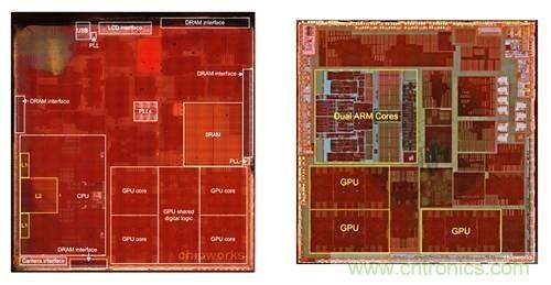 A7处理器(左)的电路布线与A6大不相同