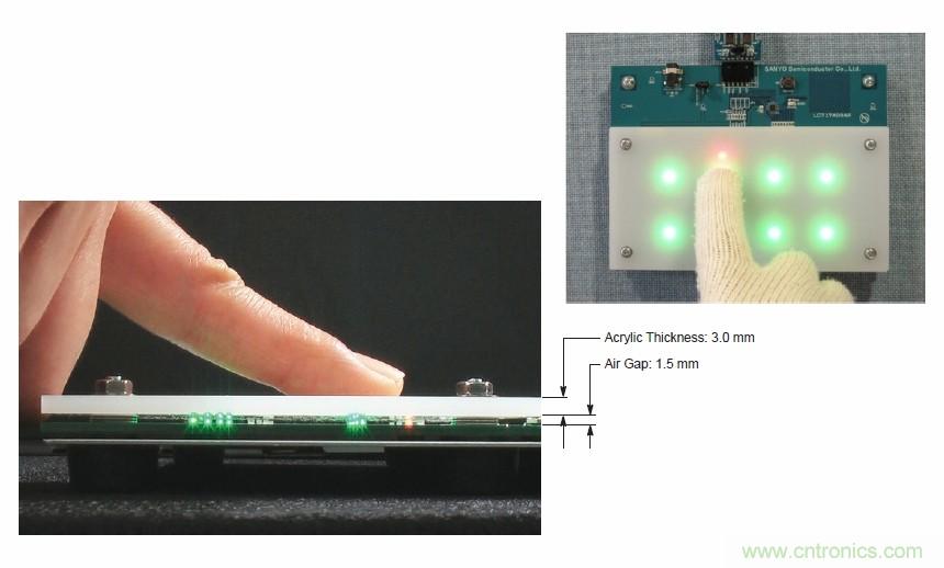 图7. 安森美半导体电容式触摸传感器具有高度灵敏度，支持戴手套触摸，支持含气隙应用