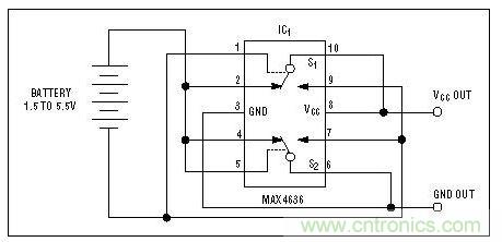 该电路检测电池极性，并迅速接通负载或切换电池极性