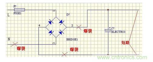 电源铜皮爆裂位置示意图