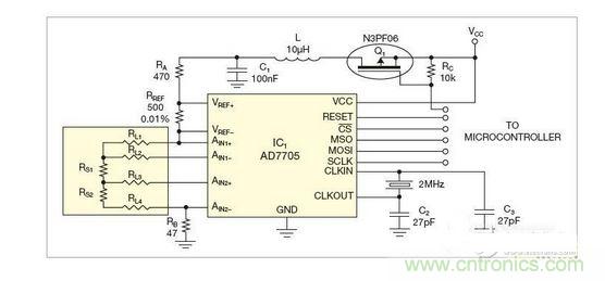 测量电路测三个点的值，微控制器就可以计算出传感器值