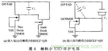 CMOS集成电路中ESD?；ぜ际跹芯? /><br />
<br />
图4：栅耦合ESD?；さ缏?br />
&nbsp;</div>
因应用在输入端，故其栅极需经电阻Rg(～10 k&Omega;)接地，以使该GCNMOS在CMOSIC工作时是关闭的。另有-NMOS连接成电容状Cc加强电容耦合作用。当有正的ESD电压在输入PAD上发生时，一部分的正电压会经由Cd与Cc耦合到GCNMOs的栅极，栅极电压会经由Rg放电到地去，Rg的大小会影响栅极电压的维持(Holding)时间。GCNMOS因而可以达到均匀导通的目的，以提升其ESD防护能力。<br />
<strong><br />
3 结 语</strong><br />
<br />
MOS集成电路ESD?；さ缏坊诠ひ占侗?、器件级别和电流级别的改进，已有大量优秀的ESD?；さ缏烦鱿郑珽SD?；さ缏非慷纫殉? 000 V(采用HBM模型试验)。几种方法结合制造的ESD?；さ缏?，如采用栅耦合PTLSCR／NTLSCR ESD?；さ缏?，可有效的对深亚微米CMOS IC薄栅氧化层保护，而且占用的版图面积只占传统ESD?；さ缏返?／2左右。<br />
<br />
<strong>相关阅读：<br />
<br />
</strong><a href=