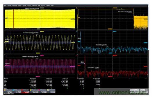 使用缩放功能选通FFT的例子。在437&mu;s和1.42ms处采集的两个5&mu;s缩放波形显示了作为时间函数的频率的差别。