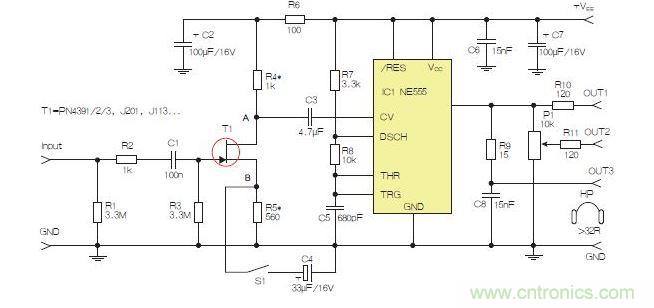 含JFET输入和NE555的耳机/线路驱动器
