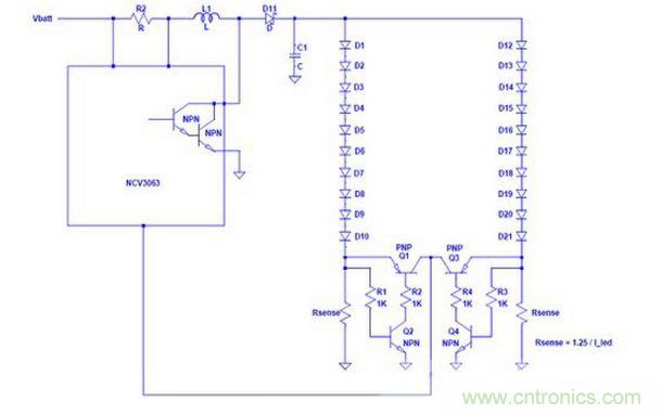 基于NCP3063 单个电流环路驱动多串LED
