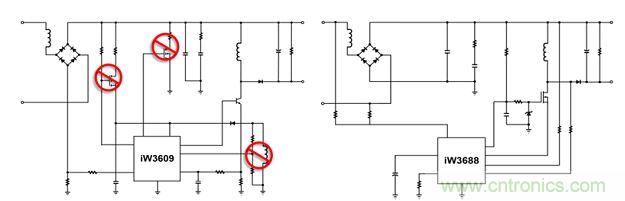 相比前代产品iW3609（左），iW3688（右）采用专利数字算法，完全消除了外部泄放电路、外部VCC电路和启动电路