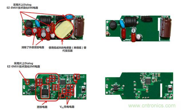 iW3688消除了20 多个外部元器件，降低BOM成本达20%~25%（左右分别为方案对比，上下为PCB正反面）