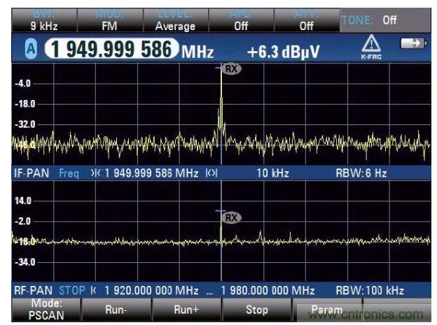 PSCAN停止后显示双频谱，在上方的中频频谱更好地显示干扰信号