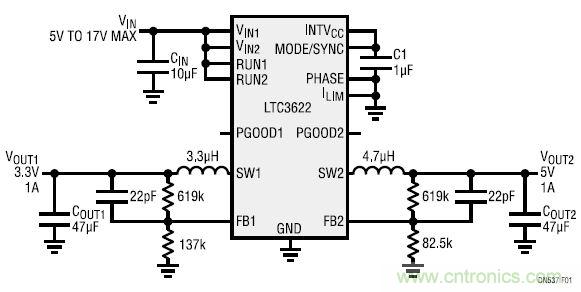 17V输入、双路1A输出的同步降压型稳压器