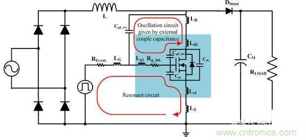 包含功率MOSFET内外部寄生元件的PFC电路简图