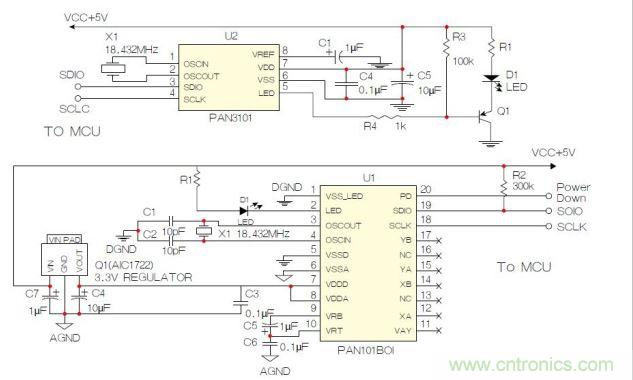 SPI接口的原理图示例。