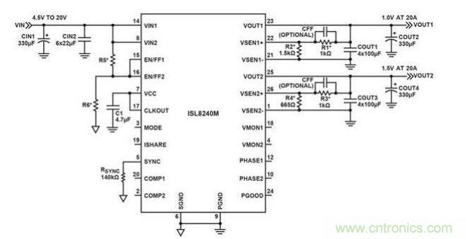 包括两个20A输出的ISL8240M电路