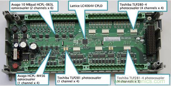 图2：Rockwell选择光耦作为Micro850 PLC的数字I/O电路板上的设备输入和输出端的核心隔离策略。