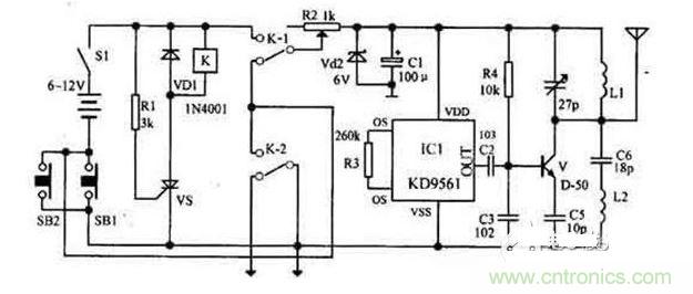【导读】随着环保意识的增强，电动车已大量进入我们家庭，成为部分人必不可少的交通工具。如何防止电动车被盗则是车主十分关心的问题，为此，出现了各类电动车防盗锁。除此之外呢？还有什么好的方法防盗呢？我们为大家介绍一款电动车防盗报警器电路图。  各类电动车防盗锁大量涌出，但是，电动车被盗现象仍层出不穷，较高级的电动车防盗锁在短时间内难以破坏，盗贼便将电动车搬上其它车辆上盗走，这样，再高级的防盗锁也显得无能为力了。鉴于此，我们为大家介绍一款电动车防盗报警器电路图。 1 报警器发射机部分是由继电器K和可控硅VS用来控制发射机电路的电源。IC1组成警声信号电路。晶体管V及其外围元件组成射频振荡电路，发射报警信号。  在等待状态时，开关S1接通，而SB1断开（即车头锁被锁?。?，K就处在释放状态，报警发射机不工作。当车头锁被打开时（即SB1接通），VS被触发导通，K吸合，接通发射机电源。SB1接通后，K-2的?？憬渥运耸敝挥卸峡猄1报警方能结束。在K动作时，其常闭触点K-l断开，切断发动机点火电路。  接收机电路由TDA7010和开关功放TWH8778、TWH68组成。当IC2 收到报警信号时其互脚的高电平通过IC3经IC4放大由TWH15放出报警声。但要考虑到频率的稳定性，因为7010自身没有频率稳定电路，在工作时要多作检测，最好用印制板和贴片元件。  按上述操作方法停放车辆后，报警器即进入待报警状态。在待报警期间，只要有人无论用什么方法打开车头锁或搬移车辆，都将触发报警器报警不停，并切断发动机电源使车辆无法起动，直至车主人赶来将点火钥匙插入点火锁内转到关的位置，报警才能解除。