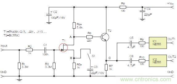 图3：采用两个工作在不同频率下的555定时器电路，以获取不同的音效。