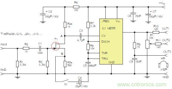 图2：含JFET输入和NE555的耳机/线路驱动器。