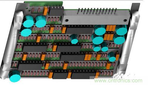 F-16战斗机的雷达干扰装置PCB，在所有的零组件下方有一个铝制散热器；千万别让机械工程师为了散热器设计而自作主张布局PCB，以免牺牲电子能。