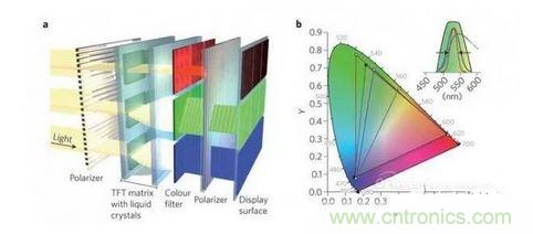  LCD显示器示意图。TFT表示薄膜晶体管（thin-film transistor）。
