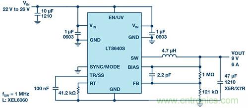 42 V、6 A（峰值7 A）、超低EMI辐射、高效率降压型稳压器