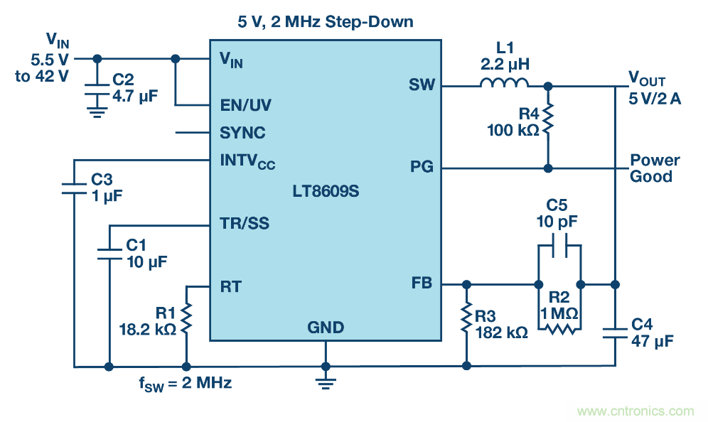 具 2.5 &mu;A 静态电流和超低 EMI 辐射的 42 V、2 A/3 A 峰值同步降压型稳压器