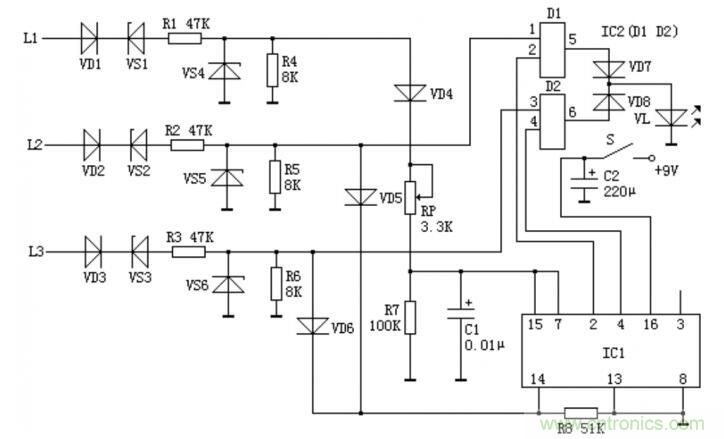 解读三相交流电相序指示器电路工作原理