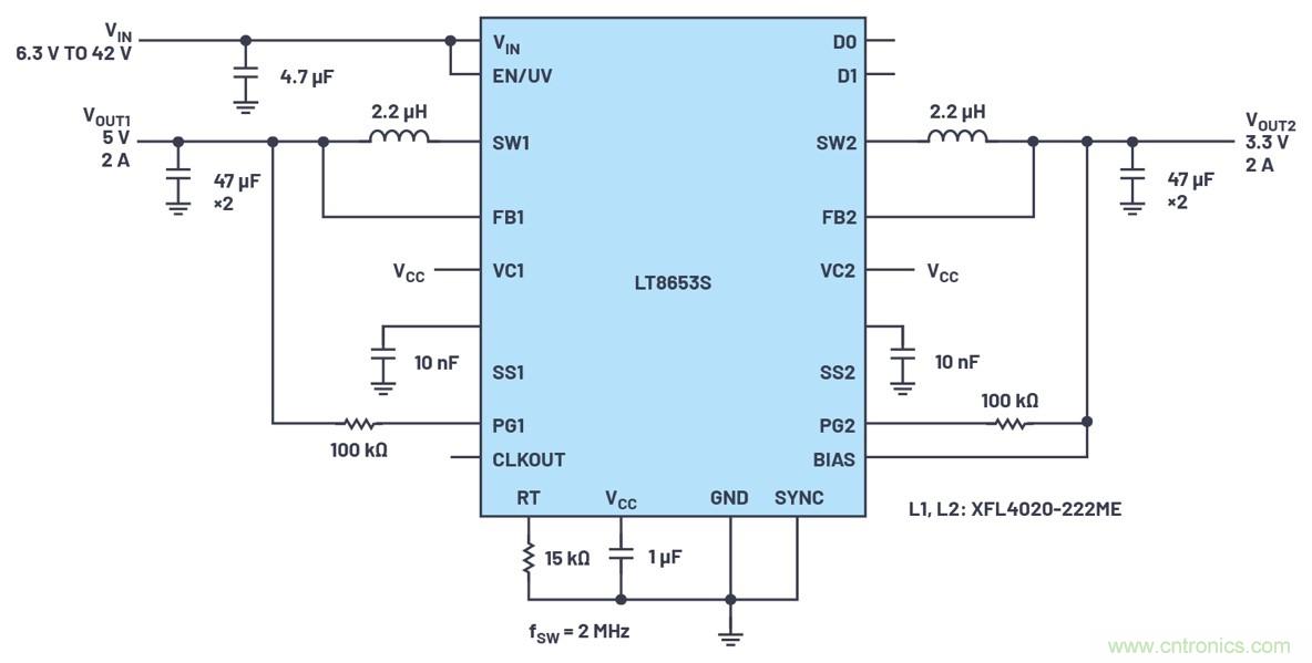 具有6.2 &micro;A静态电流的双通道、42 V、2 A、单片、同步降压型Silent Switcher 2稳压器