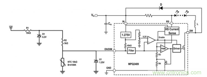 通过NTC电阻实现简单的汽车调光LED温度控制