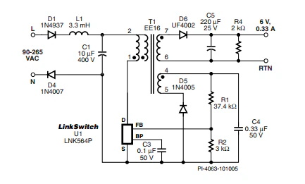 LinkSwitch-LP 系列旨在取代手机/无绳电话、PDA、数码相机和便携式音频播放器等应用中输出功率 < 2.5 W 的低效线频线性变压器电源。LinkSwitch-LP 还可用作白色家电等应用中的辅助电源。  LinkSwitch-LP 将高压功率 MOSFET 开关与 ON/OFF 控制器集成在一个设备中。它完全由漏极引脚自供电，具有低 EMI 的抖动开关频率，并且具有全面的故障保护。自动重启可限制过载和输出短路条件下的器件和电路耗散，而迟滞过温?；せ嵩谌裙收掀诩浣媚诓?MOSFET。EcoSmart 技术使设计能够轻松实现 < 150 mW 的空载功耗，满足能源效率要求。  LinkSwitch-LP 的设计目的是在输出功率低于 2.5 W 时无需初级侧钳位电路，从而显着减少组件数量和总系统成本。图 1 显示了基于 LinkSwitch-LP 的 2 W 电源，不带初级侧钳位。LinkSwitch-LP 系列经过优化，当变压器上的辅助或偏置绕组提供反馈时，可提供近似的 CV/CC 输出特性。这非常适合取代工频变压器的应用，提供兼容的输出特性，但过载、短路电流和输入线电压变化较小。  　  在无钳位设计中使用 LinkSwitch-LP 的基本电路原理图。  快速开始  　 LinkSwitch-LP 反激式设计流程图