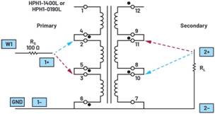   材料  ? ADALM2000主动学习?？?? 无焊试验板和跳线套件 ? 一台HPH1-1400L 6绕组变压器 ? 一台HPH1-0190L 6绕组变压器 ? 两个100 Ω电阻  说明  在无焊试验板上构建图2所示的电路。需要使用此设置来测量初级/次级匝数比为1:1的三种不同配置下，两个变压器型号各自的频率响应。两个红色箭头表示在初级和次级使用同一个线圈的配置中连接源电阻和负载电阻的位置。蓝色箭头对应的是在初级和次级使用两个串联线圈的配置。绿色箭头对应的是在初级和次级使用三个串联线圈的配置。