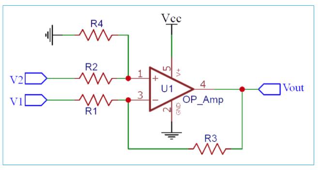 如何将运算放大器用作差分放大器查找电压值的电压差